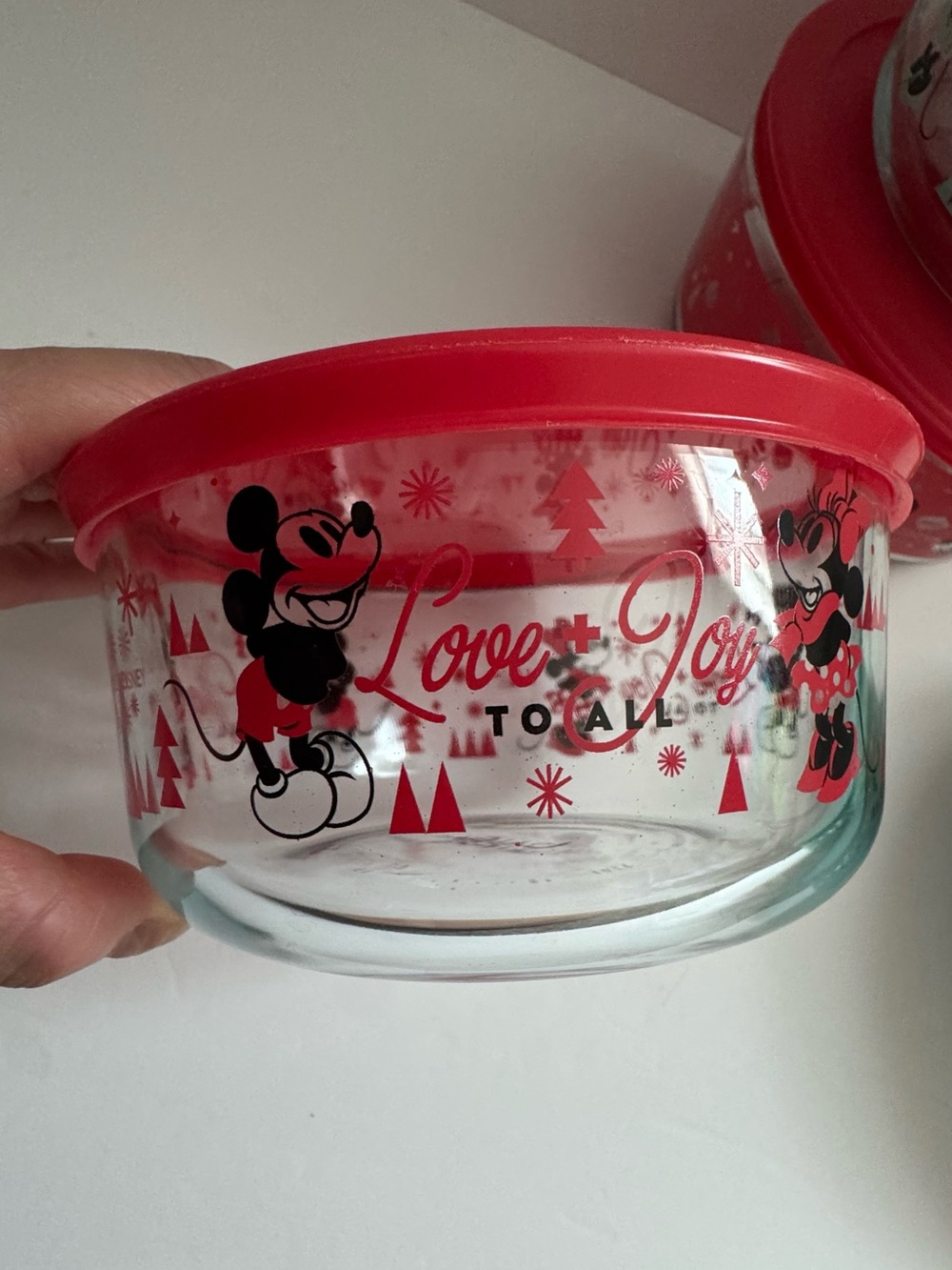 Pyrex Disney Xmas Mickey & Minnie Glass 4 Storage Bowls with Red and Teal Lids - Picture 3 of 6